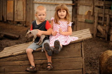 A little girl with her friend came to feed the pigs.