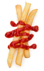 French Fried Potatoes with ketchup isolated on white background