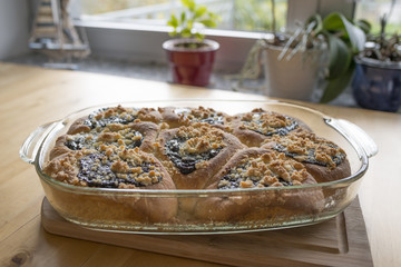 traditional homemade cakes filled with sweet curd cheese and on top are plum jam