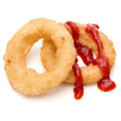 Crispy deep fried onion or Calamari ring with ketchup isolated on white background