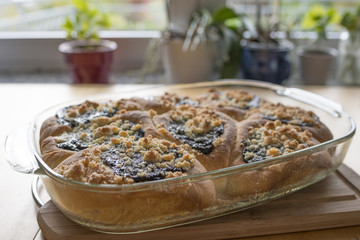 traditional homemade cakes filled with sweet curd cheese and on top are plum jam
