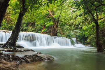 Beautiful Huai Mae Khamin waterfall in the rainy season,  Kanchanaburi Province, Thailand.