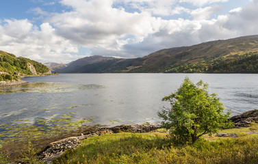 Loch Long in a sunny day from Eilean Donan castle, near Dornie and the Isle of Skye, in the highlands of Scotland.