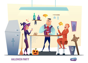 Halloween party concept. People in costume of monsters are celebrating. Flat character design.