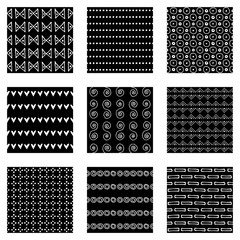 Set of seamless vector patterns. Black and white geometrical endless backgrounds with hand drawn geometric shapes, triangles, circles, dots, lines, Simple graphic design. Repeat decorative ornament.