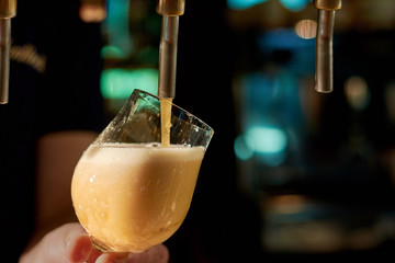 Fototapeta na wymiar Bartender pouring fresh beer in pub. Close up barman hand dispensing lager beer in glass.
