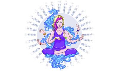Plakat Hand drawn vector illustration of woman sitting in lotus pose of yoga. Meditation concept. Character