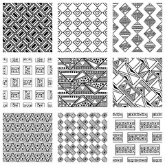 Seamless vector pattern. Black and white geometrical background with hand drawn decorative tribal elements. Print with ethnic, folk, traditional motifs. Graphic vector illustration.
