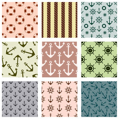 Set of vector seamless patterns with anchor, steering wheel, life preserver and rope Creative geometric symmetrical background, nautical theme. Graphic illustration in beige, grey, brown colors.