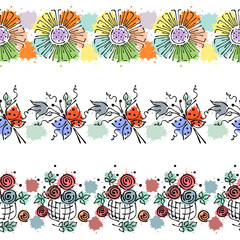 Seamless vector hand drawn floral pattern, endless border Colorful frame with flowers, leaves. Decorative cute graphic line drawing illustration.