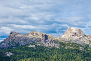 Dolomites peaks with mountain hut on the top, Cortina d'Ampezzo, Dolomites, Veneto, Italy