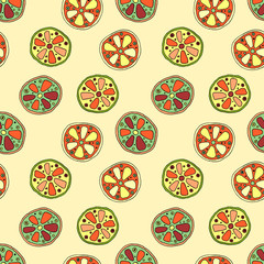 Seamless vector hand drawn childish pattern with fruits. Cute childlike lime, lemon, orange, grapefruit with leaves, seeds, drops. Doodle, sketch, cartoon style background. Line drawing