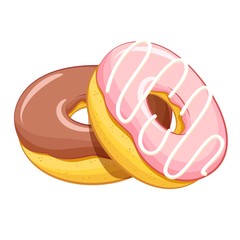 Cartoon chocolate and strawberry two pink donuts, hand drawn delicious food vector illustration, yummy sketch  isolated on white background.