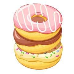 Cartoon vanilla chocolate and strawberry pink donuts, hand drawn delicious food vector illustration, yummy sketch isolated on white background.