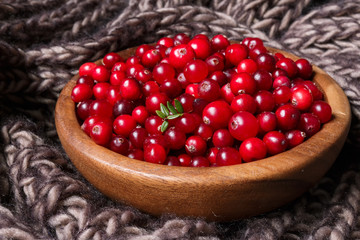 Juicy ripe berry cranberries in a wooden bowl on a dark background with copy space