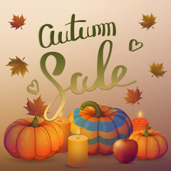 Autumn sale background layout decorate with leaves, apples, pumpkins and candles for shopping. Autumn sale flyer template with lettering. 