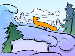Cartoon background - Winter landscape with a fox and a frame