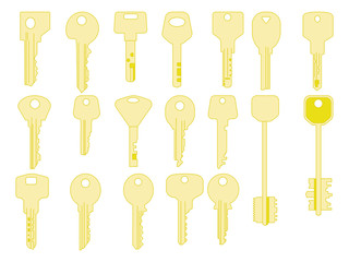 Keys icons set, isolated. Closing and opening doors. Gold keys signs and symbols collection.