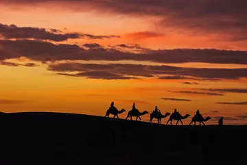 Fototapete Marokko Morocco Merzouga Erg Chebbi sand dunes caravane sunset