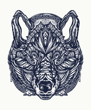 Wolf tattoo and t-shirt design. Northern wolf, symbol of force, wild nature, outdoors. Ornamental  celtic wolf tattoo