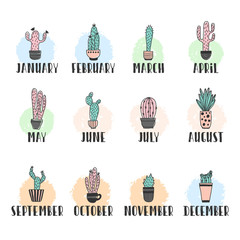 Calendar 2018 year month. Stock vector. Fun and cute calendar with hand drawn succulents and cactus plants. cute colors
