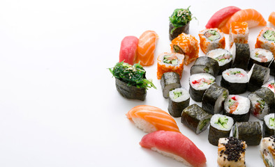 Set of sushi rolls, maki on white background