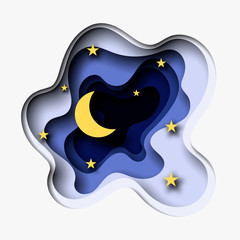 3d abstract paper cut illustration of moon and stars in the night. Vector colorful template in carving art style
