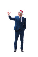 Young busnessman wearing santa hat in christmas concept on white
