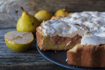 homemade cake with pear filling and meringue