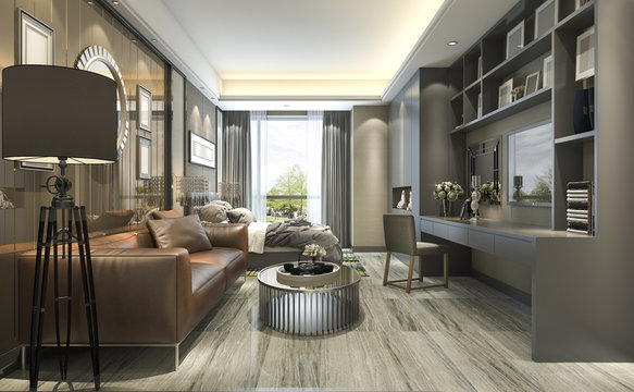 3d rendering luxury design living room and bedroom in modern building