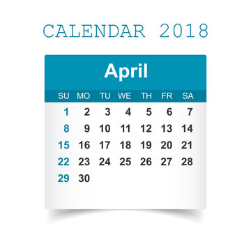 April 2018 calendar. Calendar sticker design template. Week starts on Sunday. Business vector illustration.