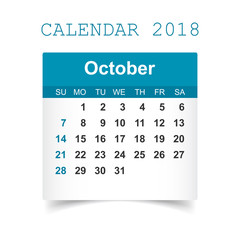 October 2018 calendar. Calendar sticker design template. Week starts on Sunday. Business vector illustration.
