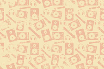  pattern of illustrations for a DJ. Vinyl player top view and side view. Speakers and headphones. It can be used for logos, websites, brochures, postcards, etc.