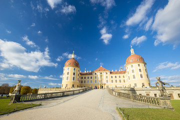 Moritzburg Castle lit by the setting sun in the autumn