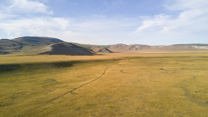 Fototapeta na wymiar Aerial view of a vast landscape in Mongolia.