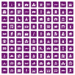 100 building icons set grunge purple