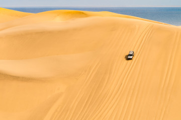 ein Geländewagen fährt eine hohe Namib Düne am Atlantik herunter, Sandwich Harbour, Erongo,...