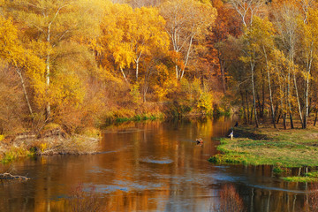 Autumn river landscape with fishing unknown persons