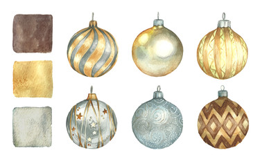 Christmas decorations set for a Christmas tree. Decoration for the holiday in watercolor.