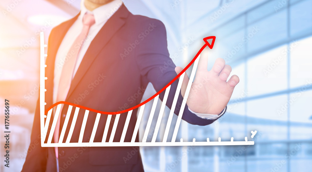 Poster businessman touching technology interface with financial curve and graph