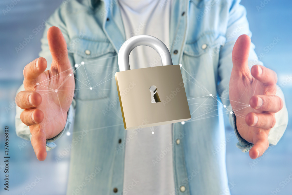 Poster padlock security connection isolated on a color background - 3d rendering