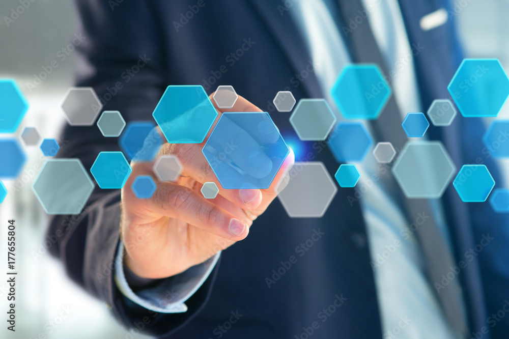 Poster 3d render empty aplication made of blue hexa button displayed on a futuristic interface