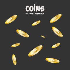 Gold coins falling 3d realistic vector coin icon isolated on black. Feather coins