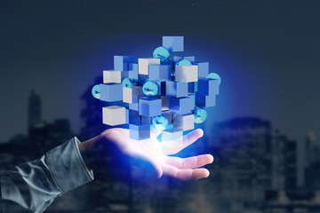 3d rendering blue and white cube on a futuristic interface