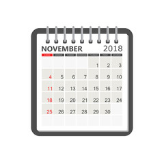 November 2018 calendar. Calendar notebook page template. Week starts on Sunday. Business vector illustration.