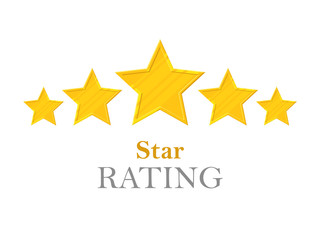 Gold stars rating. Five stars. Sign of high service restaurants, hotels, support and other. Goldstar symbol of achievements and victories. Vector illustration in cartoon style on white background