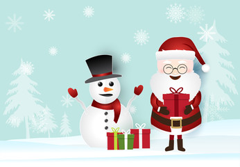 Christmas season with Santa holding gift box and snowman. Paper art illustration