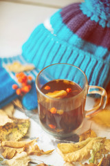 green circle in the scarf, the window with maple leaves and drops after rain in autumn / season when you need warm drinks
