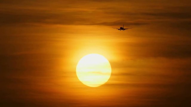 Silhouette of passenger airplane landing. Sunset background