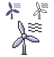 Pixel icon of wind turbine in three variants. Fully editable